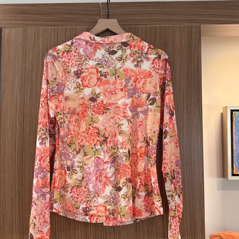 PrettyGarden:  Button-down Blouse, Size L, Coral/Lilac/Yellow Floral - Picture 6 of 8